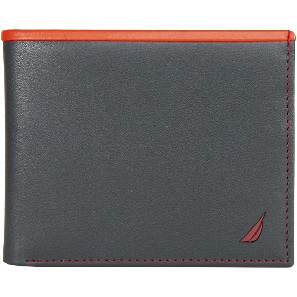 Nautica Men's Bifold Leather Wallet Navy Red RFID Blocking ID Window Card Slots - Picture 1 of 5